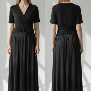 Evan Picone Black Knee-Length Dress With Rushed Waist Detail, Short Sleeves & V-